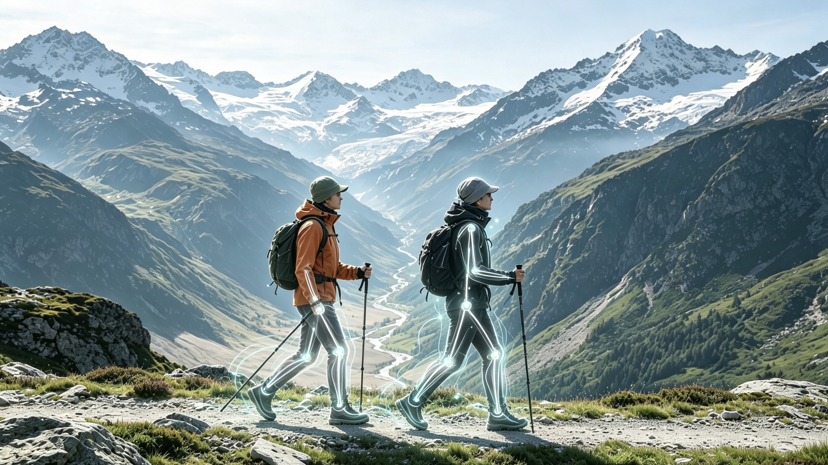 Mountain hikers with a leg and joint illustration