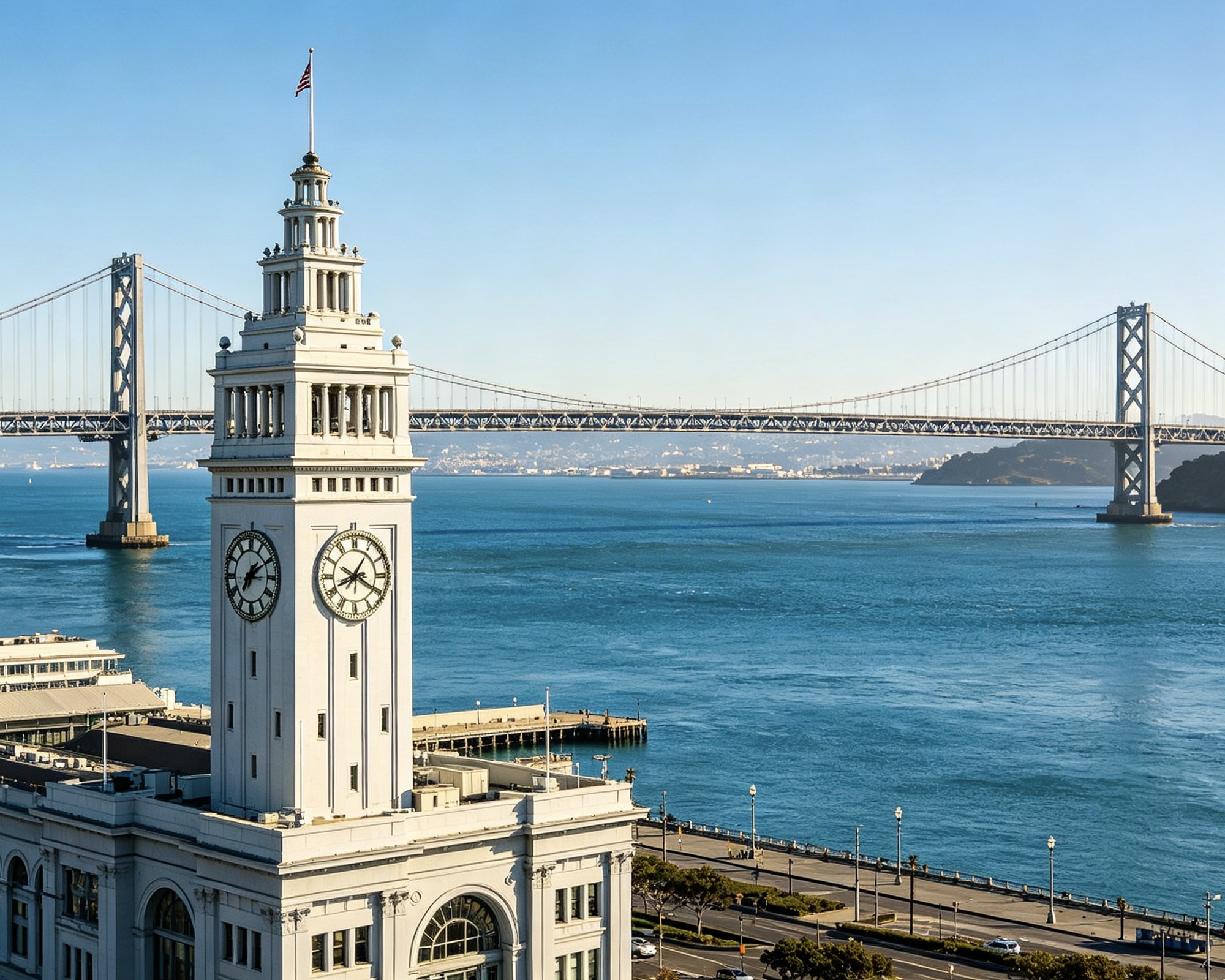 Waterfront architecture and a bridge in North America