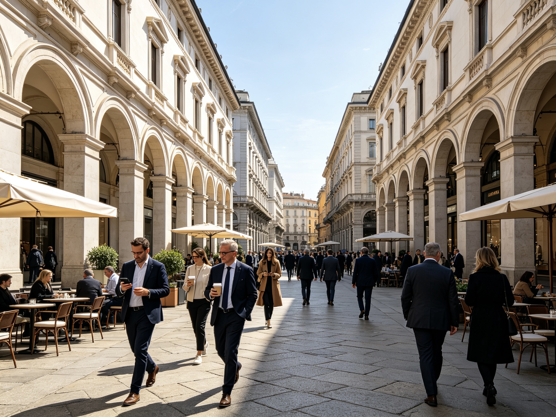 European architecture and people walking through an arcade