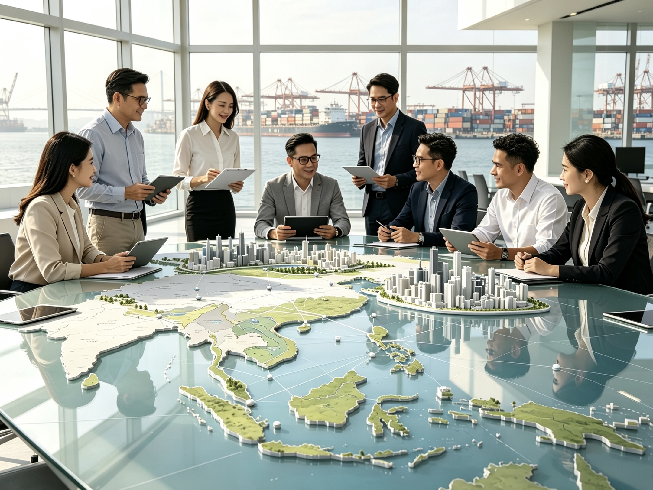 Business team discussing Asian markets around a map