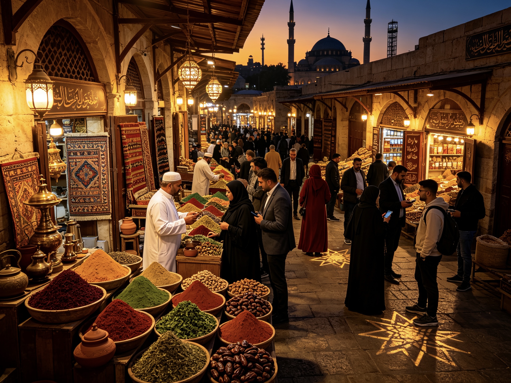 Middle Eastern market with spices and mosque architecture