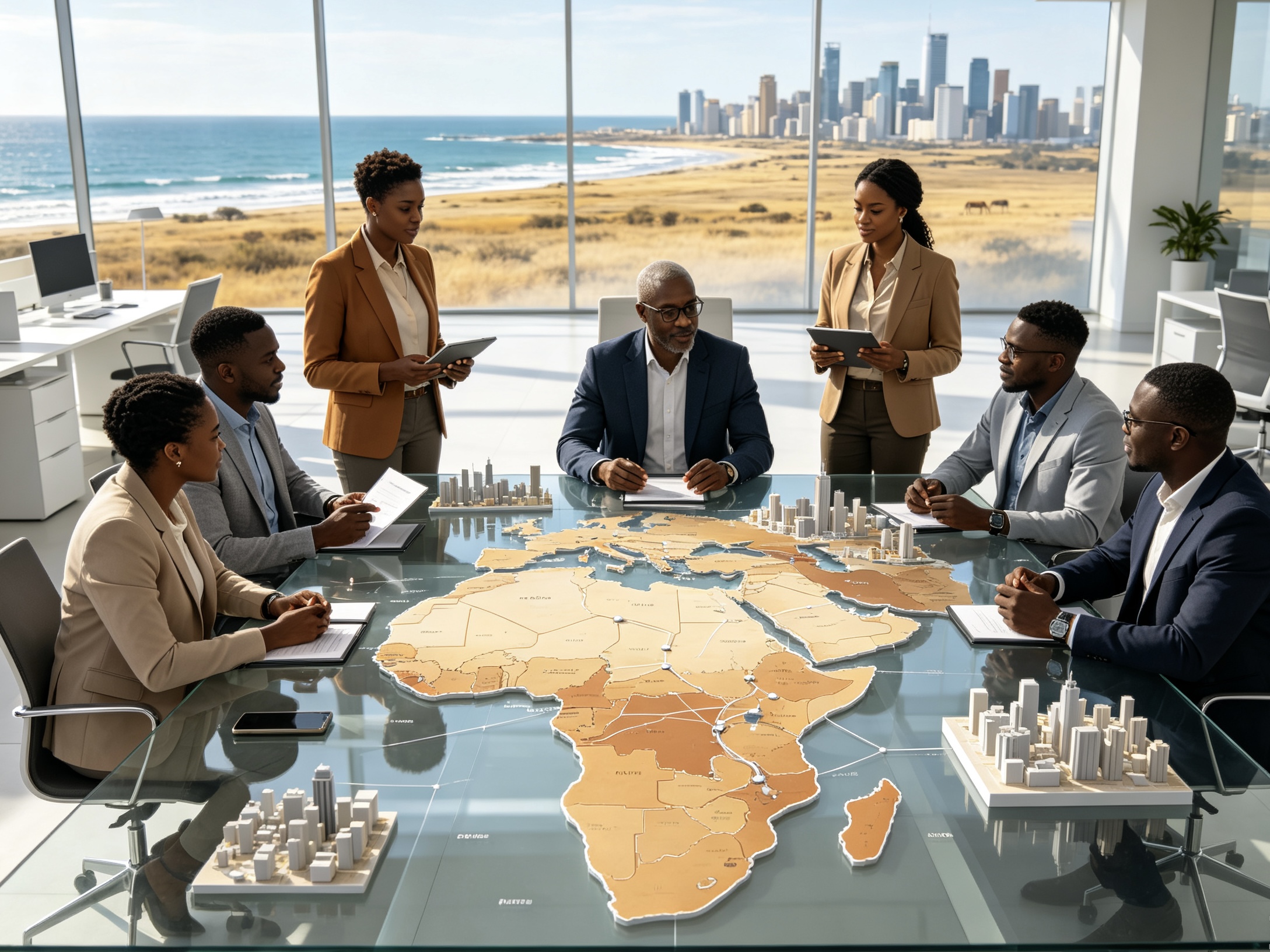 Business team planning market development around an Africa map