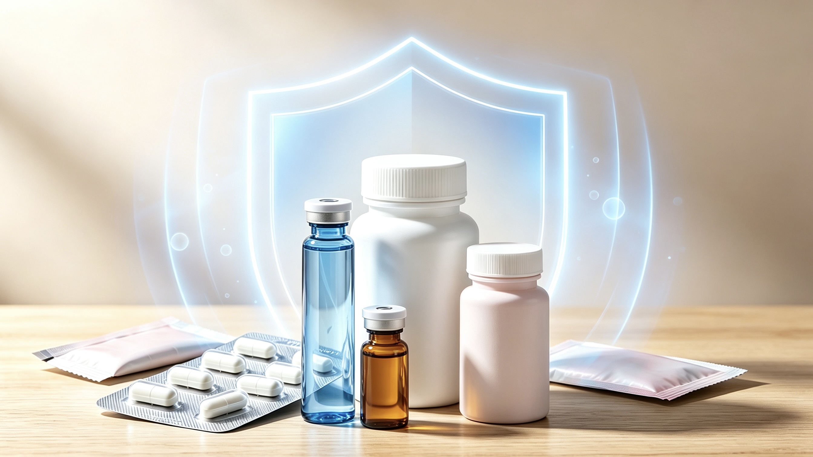 Supplement bottles and a protective shield illustration