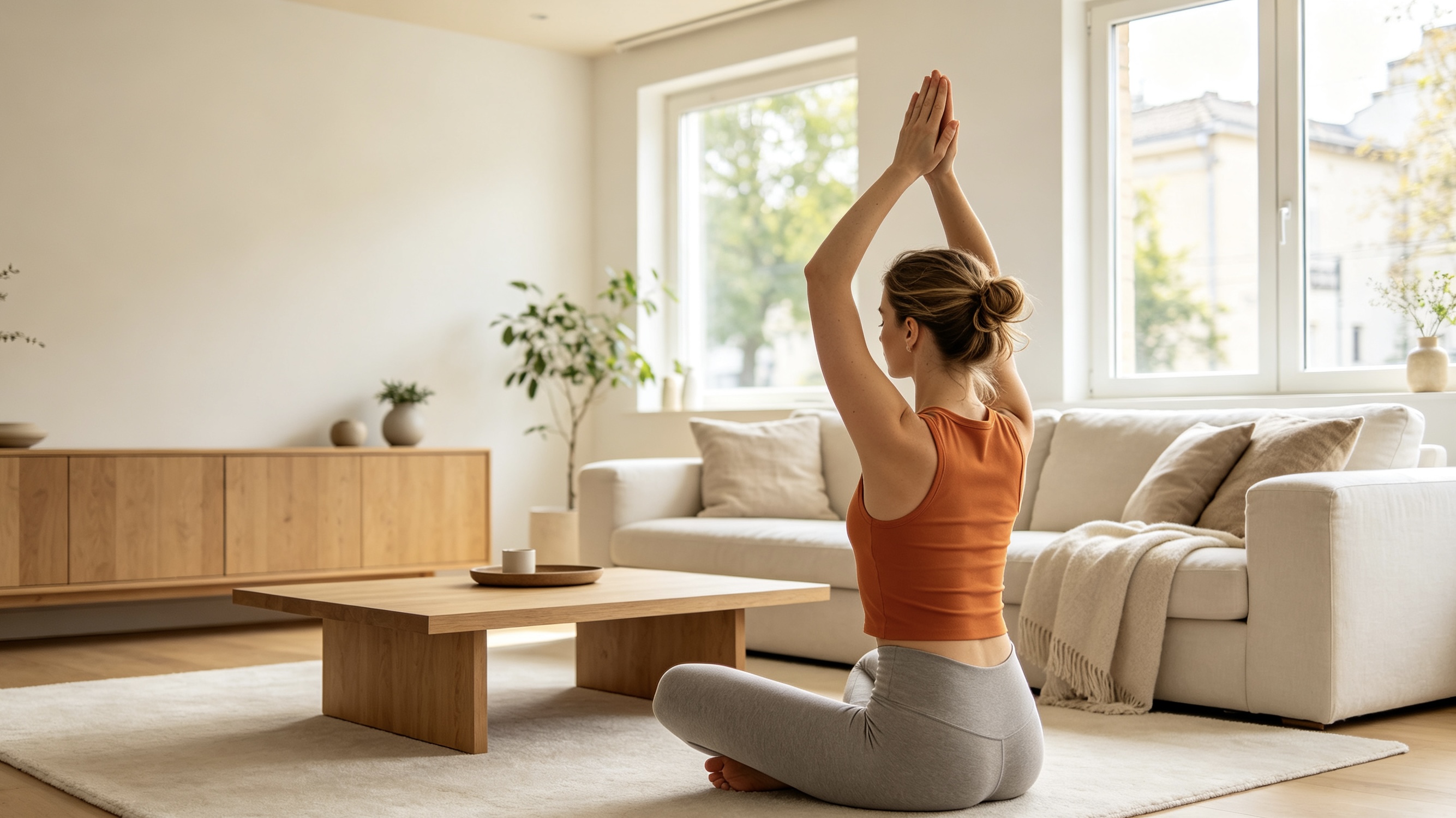 Woman practicing yoga in a bright living room